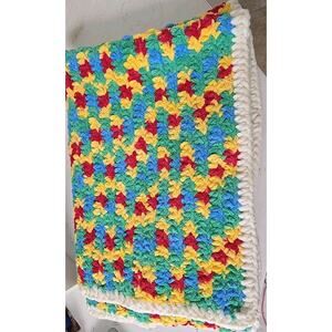 Hand Crocheted Baby Afghan 28x40 Red Blue Yellow Green White Car Seat Stroller